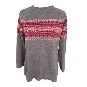 Eddie Bauer Women Gray Fair Isle Knit Sweater Crew Neck Long Sleeve Size L